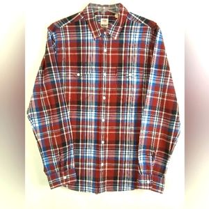 Levi’s Shirt Men’s L Long Slv Button Red Tab 2-Pocket Cotton Burg/Grn Plaid EUC